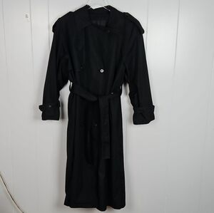 Vintage London Fog Black Long Trench Raincoat Wmns 14 Petite